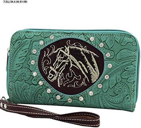 Western Horse Head Bling Wristlet Embroidered Wallet (Turquise/Brown)