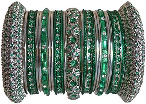 Indian Bridal Collection! Panache' Green Bangles Set in Silver Tone By BangleEmporium. Medium Size 2.8