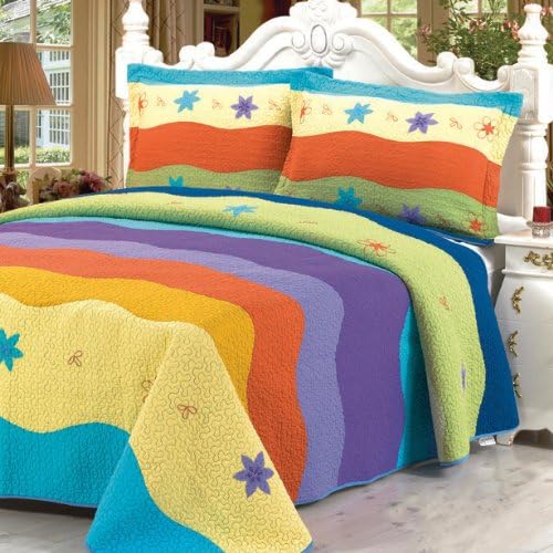 Blancho Bedding [Colorful Seabed] 3-Pieces Stripe Printed-Quilted Cotton Quilt Set (Full/Queen Size)