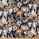 44'' Wide North American Wildlife Wolf Pack Black Fabric By The Yard ~ Elizabeth's Studio