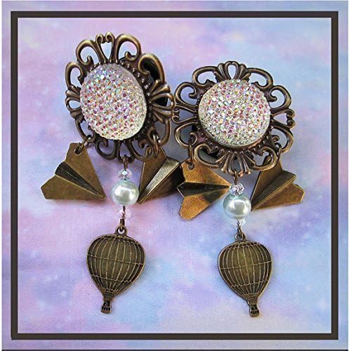 Bronzed Hot Air Balloon Airplanes Dangle EAR PLUGS Gauge sizes 2g, 0g, 00g, 7/16, 1/2, 9/16, 5/8, 11/16" inch aka 6, 8, 10, 12, 14, 16, 18mm