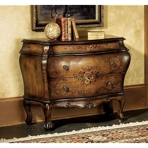 Entryway Storage Chest with Hand Painted Floral Design in Warm Brown Finish