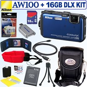 Nikon Coolpix AW100 16 MP CMOS Waterproof Digital Camera (Blue) + EN-EL12 Battery + 16GB Deluxe Accessory Kit