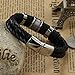 Mens Leather Punk Rock Bracelet 316L Stainless Steel Charms Clasp, Black Silver - 7.3