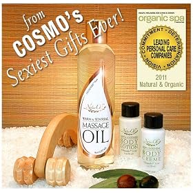 NaturOli's Sensual Massage Gift Set - Includes Warm & Sensual Massage Oil - Larger 8-oz size! One of the finest massage oils you'll ever use - remarkably suited for intimacy. Not sticky, oily or bad tasting. Chosen by "Cosmo" as a "Sexiest Gift Ever!" Includes roller (style varies), body lotion & creme. Gift boxed.