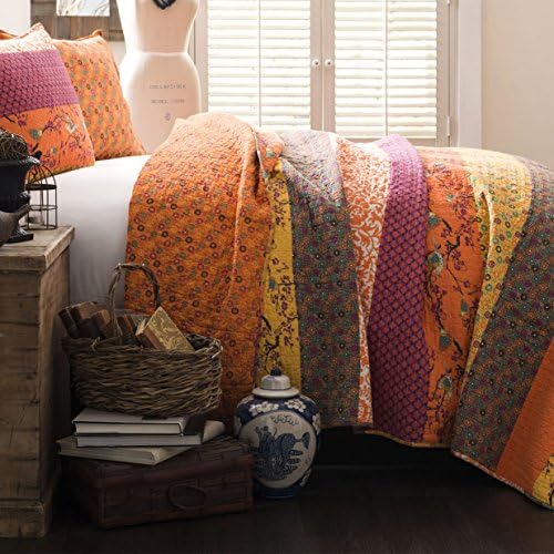 King Size Bedding Collection Quilt Set in Tangerine Floral Design - 3 Piece
