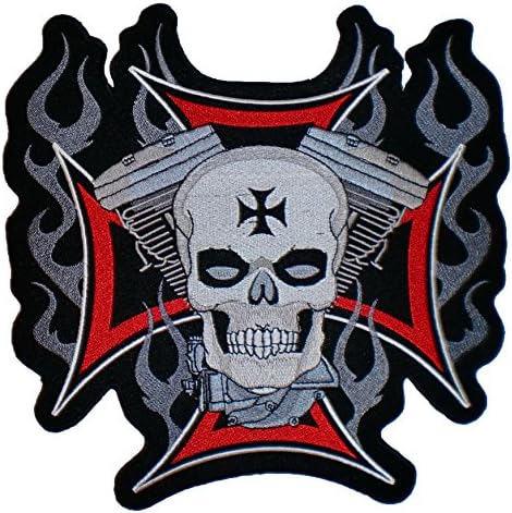 10" Skull Iron Cross Flame V2 Biker Back Patch XL