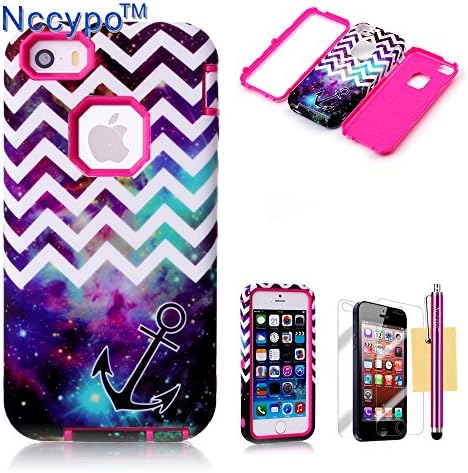 iPhone 5 Case, iPhone 5S Case, Nccypo Hybrid Three-Layer Impact Resistant Bumpers Slim Back Shell Protective iPhone 5/5S/5G Skin Cover For Apple iPhone 5/5S/5G[Starry Sky Anchor-Rose Red] with Stylus, Screen Protector and Cleaning Cloth