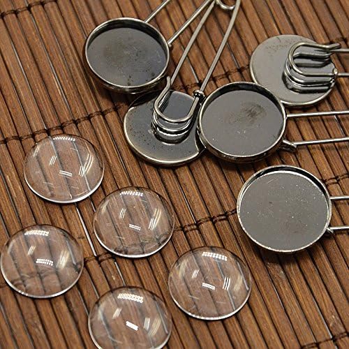 PEPPERLONELY Brand 5 Sets Antiqued Bronze Cabochon Frame Setting Tray Pin Back Brooches with Round Glass Dome Tile Cabochon 16mm (5/8 Inch)