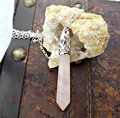 Rose Quartz stone faceted pendant in silver metal bail frame with silver chain necklace. Handmade jewelry, jewellery. Fashion, Accessories. Boho, Bohemian. Chain options available.