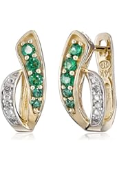 14k Yellow Gold Created Gemstone and Diamond Accent Hoop Earrings