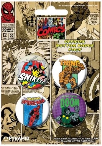 Marvel Comics - 4 Piece Button / Badge / Pin Set (Wolverine, The Thing, Spider-Man &amp; Dr. Doom)