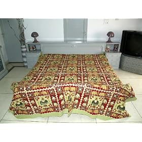 Boho Rajrang Cotton Elephant Patch Work King Size Bedspread Tapestry India