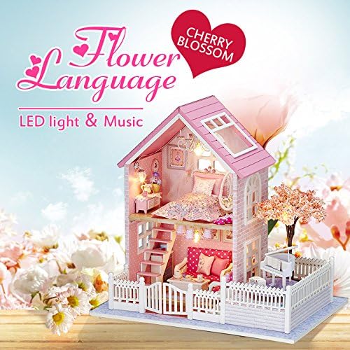 OK59 happy family dollhouse DIY Handcraft Miniature Cuteroom DIY Wooden Pink Cherry Handmade Decorations Model with LED Light&Music Birthday