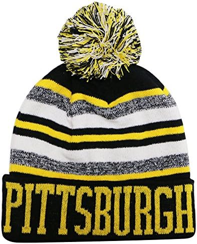 Pittsburgh Thick Warm Cuffed Blending Color Beanie Winter Hat Cap with Pom and Stripes One Size Adult Black/Gold