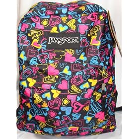 Jansport Classic Superbreak Backpack Black Neon Pink World Hearts. Brand New with Tags!
