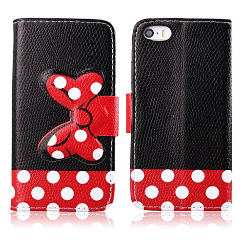 Yakamoz Lovely Cute Black Red Bow Bowkot Polka Dot Leather Flip Wallet Stand Case with Card Slots for Apple iPhone 5 5S with Free Screen Protector & Stylus Pen