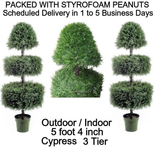 SPJPLANTS Two Artificial Outdoor Indoor Potted 5 foot 4 inch Designer 3 Tier Cypress Topiary Tree Plants