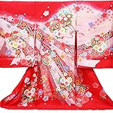 【お宮参り着物】【赤地系 花車と雪輪に熨斗の柄】女の子 友禅 刺繍 正絹【風呂敷プレゼント / ギフト対応】