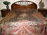 Womens Gift- Pashmina Reversible Bedspread Jamawar Black Floral King Size B ....