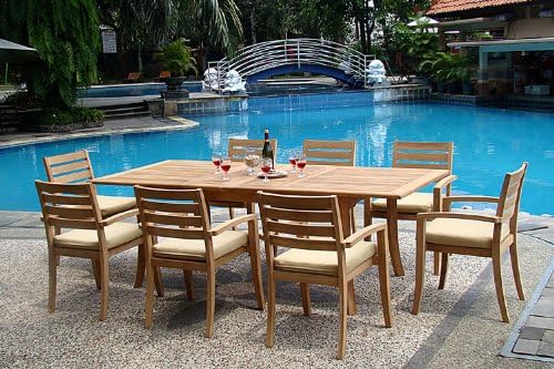 New 9 Pc Luxurious Grade-A Teak Dining Set - 94" Rectangle Table and 8 Travota Stacking Arm Chairs #WHDSTV8