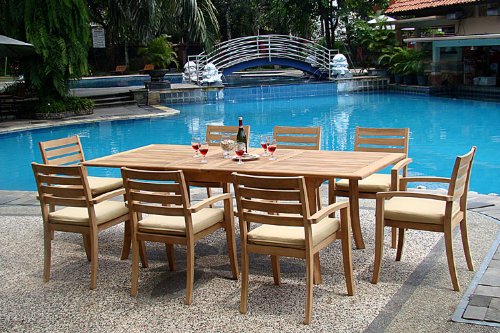 New 9 Pc Luxurious Grade-A Teak Dining Set - 94" Rectangle Table and 8 Travota Stacking Arm Chairs #WHDSTV8