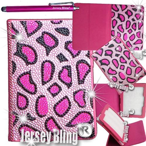 Jersey Bling® BLING Universal Kindle Fire 7" HD 1st &amp; 2ND GEN, HDX, NON-HD, Crystal and Rhinestone Faux Leather Case with Built-In Stand, FREE Stylus (PINK CHEETAH)