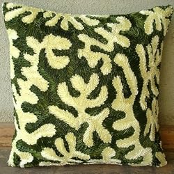 Coral Greens - Decorative Pillow Covers - Silk Pillow Cover with Satin Ribbon Embroidery