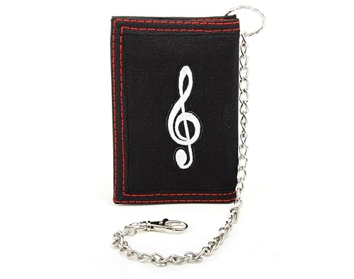 Tri-fold Fabric Wallet with Embroidered Music G-clef Patch, Slim & Strong ID Window and Chain for Jeans