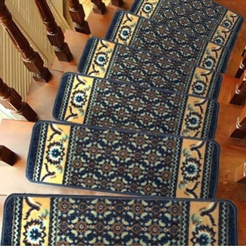 Stair Treads Carpet Morden European Classical Stair Tread Mats Anti-skid Step Carpet Stair Rugs 1 PC, Material Nylon surface, latex bottom (Blue)