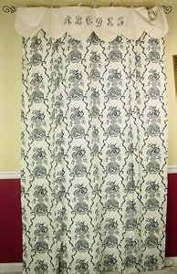French Black White Chinoiserie Toile beautiful curtain and/or blind panel with hand embroidered ABC scalloped valance