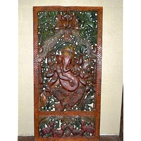 Handcarved Hindu God Ganesha Door Headboard wall Panel with Multicolor Beautiful Patina... by Mogul Interior