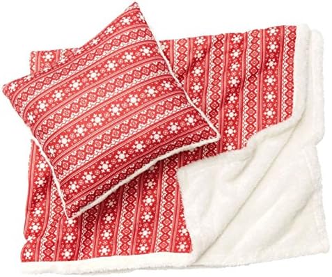 Microfleece and Sherpa Throw Blanket and Pillow Case Set, Red With White Snowflakes