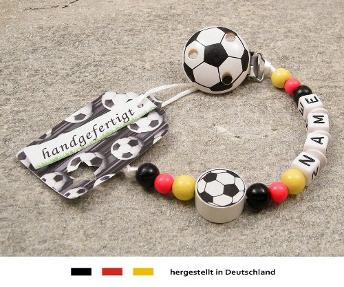 Baby SCHNULLERKETTE mit NAMEN | Motiv Fussball Deutschland – schwarz, rot, gold