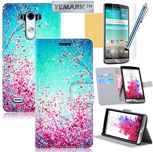 LG G3 Case,LG G3 Wallet Case,YEMARK(TM) Painting Peach Flowers Pattern Premium PU Leather Wallet Flip Protective Skin Case Cover with Magnetic Closure For LG G3[Built-in Credit Card/ID Card Slots],[+Stylus+Screen Protector+Cleaning Cloth]
