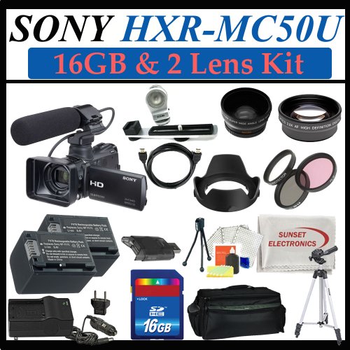 Sony Hxr-mc50u Ultra Compact Pro Avchd Camcorder with 16gb Sdhc Memory , 2 Extra Replacement Batteries, 3 Extra Lens, Hdmi, Deluxe Soft Carrying Case, Aluminum Tripod & Much More