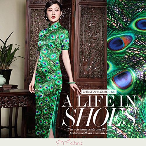 Green Elastic Silk Satin Fabric with Peacock feather Pattern, Designer Fashion Printed Stretch Silk Satin Fabric By the Yard