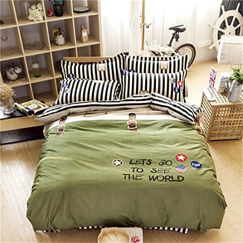 Bedream 4 Pieces Duvet Cover Bedding Set Boy Scout Pattern Printing Soft Staple 100% Cotton Full Queen Size - Luxurious, Comfortable, Breathable, Extremely Durable (Queen, Green and Stripe)