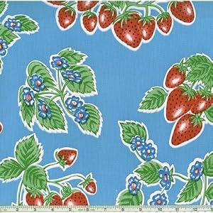 48-Wide-Oil-Cloth-Strawberries-Blue-Fabric-By-The-Yard