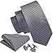 Barry.Wang Black Grey Tie Set Hanky Cufflinks Necktie for Men Check Plaid