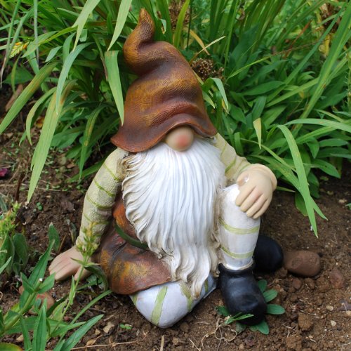 Large Sitting Woodland Garden Gnome Ornament In Coloured Resin With A Brown Hat