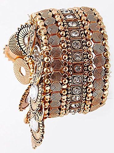 Gold broad elastic beaded bracelet with hanging circle tassels
