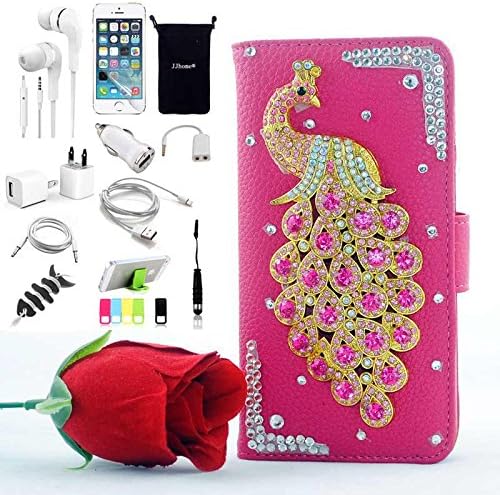 JJhome Accessory Bundle For HTC One E8 5.0" - Luxury Crystal Bling Wallet Leather Folio Stand Support Case, Headset Dust Plug Stylus pen, Screen Protector, USB Cable, Charger, Earphone, bag, Car Charger Adapter - pink peacock pink leather
