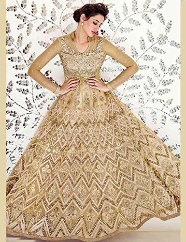 Glamorous Cream Net Designer Partywear Anarkali Suit