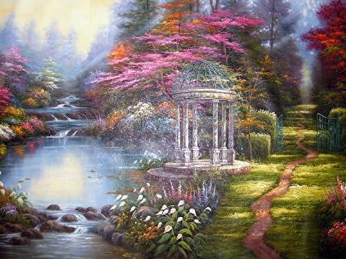 JeremyArtOutlet Diy oil painting, thomas kinkade art painting the garden of prayer a gazebo flower footpath stream 12x16(inches)