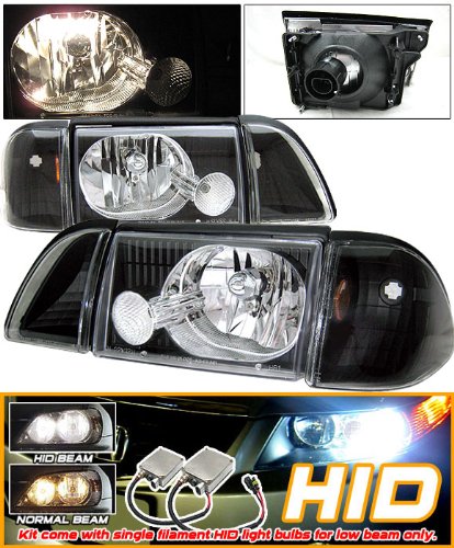 87-93 Ford Mustang Black Headllights + Corner Lights w HID Kit Image 87-93 Ford Mustang Black Headllights + Corner Lights w HID Kit
