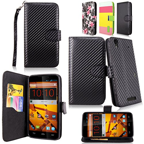 Cellularvilla Wallet Case for ZTE Boost MAX N9520 Pu Leather Wallet Card Flip Open Pocket Case Cover Pouch (Carbon Fiber Black)