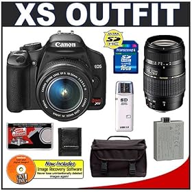 Canon Digital Rebel XS 10.1MP Digital SLR Camera (Black) + Canon EF-S 18-55mm IS Lens + Tamron 70-300mm Lens + Spare LP-E5 Battery + 16GB Card + Gadget Bag
