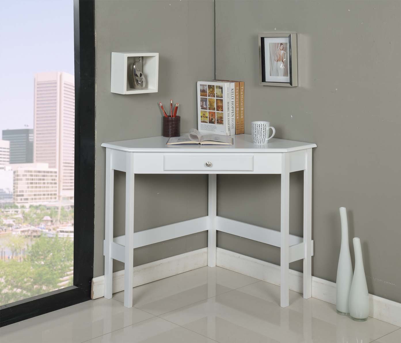 Kings Brand White Finish Wood Corner Desk With Drawer New eBay