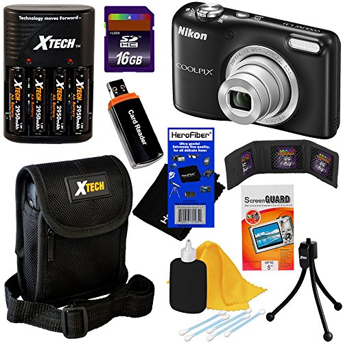 Nikon COOLPIX L31 16.1 MP Digital Camera with 5x Zoom NIKKOR Lens and 720p HD Video - Black (Import) + 4 AA Batteries with Charger + 8pc 16GB Accessory Kit w/ HeroFiberÂ® Ultra Gentle Cleaning Cloth